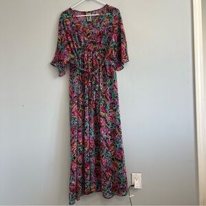 Vintage Flutter Sleeve Maxi Dress Sz L Empire Waist Artsy Floral Leaves